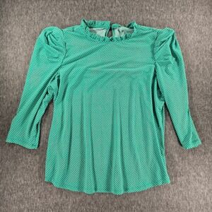 Green Polka Dot Blouse Womens M Puff Sleeve‎ Ruffle Neck Preppy Coquette